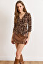 Women's Zebra Brown Accessory Detailed Double-Breasted Flexible Corded Fabric Blouse Blz-19003110