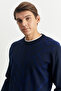 Navy Blue Standard Fit Crew Neck Modern Pattern Detailed Winter Knitwear Sweater - 4