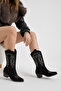 Women's Black Suede Thermo Sole Embroidered Zippered Heeled Western Cowboy Boots - 2