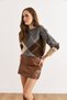 Women's Tan Mini Slit Mini Faux Leather Skirt with Shorts Etk-19000375 - 5
