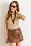 Women's Beige Coffee Collar Detailed Buttoned Corded Fabric Stretchy Blouse Blz-19003181 - 5