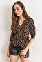 Women's Geometric Black Accessory Detailed Double-Breasted Flexible Corded Fabric Blouse Blz-19003110 - 4