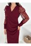 Women's Scuba Fabric Double-breasted Collar Pleated Sleeve Flock Tight Fit Dress - 4