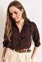 Women's Dark Brown Geometric Striped Detail Drapey Shirt GML-19001335 - 6