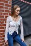 Women's Long Sleeve Front Tie Lace White Blouse - 4