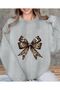 Leopard Bow Print Detailed Crew Neck Sweatshirt