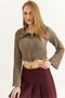 Women's double zipper madonna collar ruffle blouse - burgundy - 2