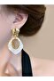 White Mother of Pearl and Gold Oval Hoop Detailed Earrings - 2