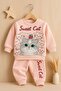 طقم بدلة رياضية شتوية سميكة من Sweet Cat مطبوع مع قماش فليس من الداخل - 3