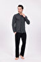 Men's Anthracite Knitted Striped Button Front Long Sleeve Cotton Men's Pajama Set - 3