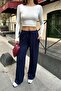 Women's Navy Blue Ribbed Detailed Soft Modal Textured Straight Cut Trousers - 5