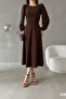 Brown Balloon Sleeve Crew Neck Midi Dress - 2