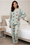 Green Red Heart Pattern Soft Touch Winter Corded Fabric Cotton Knitted Pajamas Suit 7977 - 2