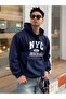 هودي سويت شيرت مطبوع عليه NYC باللون الأزرق الداكن للجنسين