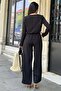Women's Black Straw Double-Breasted Collar Detailed Belted Pocket Airobin Jumpsuit Elastic Waist Jumpsuit - 6