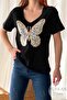 Women's Black V-Neck Butterfly Sequin Sequin Embroidered Cotton T-shirt - 3