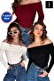 Pack of 3 Madonna Collar Corded Fabric Ribbed Knit Blouse Long Sleeve Flexible Basic Top