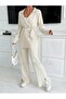 Women's Corded Double Breasted Collar Buttoned Knitwear Set with Slits at the Legs