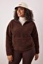 Brown Piping Detailed Stand Collar Plush Soft Oversized Sweatshirt Tbbaw26Ao00040