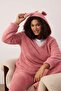 Pembe Wellsoft/Peluş Kapüşonlu Kulak Detaylı Örme Pijama Takımı TBBAW25AI00021 - 2