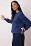 Lacivert Kalın İçi Polarlı Kurdele Detaylı Crop Boy Örme Sweatshirt TWOAW26SW00075 - 2