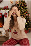 Salmon Teddy Bear Embroidered Plaid Ribbed Fleece Winter Knitted Pajama Set