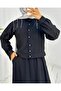 Buttoned Jacket Skirt Linen Set with Stones on the Shoulder - Black - 4
