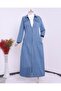 Long Denim Jacket with Pearl Shoulders and Ribbed Zipper Closure - 7