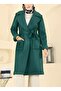 Belted Leather Coat with Double Pockets and Fur Inside - Emerald - 2
