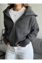 Women's Anthracite Zippered Shawl Collar Knit Cardigan - 2