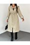 Hooded Quilted Trench Coat - Squeeze Waist and Lining, Stone Color - 6