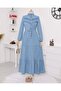 Half Buttoned Front Ruffled Piece Denim Dress -Blue - 2