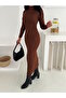 Women's Brown Color Half Turtleneck Pencil Model Dress Is Suitable for Hijab Length 135cm Without Belt - 4