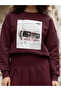 Burgundy Crew Neck Fleece-Lined Printed Oversized Sweatshirt - 3