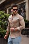 Men's Slim Fit Striped Long Sleeve Tight Brown Denim Shirt - 6