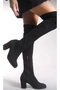Women's Black Suede Thick Above Knee Short Heeled Boots Shoes Socks Boots