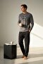 Men's Anthracite Long Sleeve 100% Cotton Pajama Set Comfortable and Soft Texture