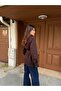 Women's Belted Denim Jacket with Pockets - Brown Jean Coat - 5