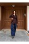 Women's Belted Denim Jacket with Pockets - Brown Jean Coat - 3