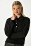Women's Black Gold Button Detailed Premium Texture Polo Neck Knitwear Sweater - 8