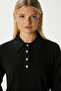 Women's Black Gold Button Detailed Premium Texture Polo Neck Knitwear Sweater - 2