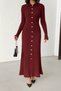 Women's Burgundy Gold Button Detail Ribbed Long Knit Dress