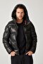 Black Olaf Men's Hooded Lined and Fibered Zippered Warm Genuine Leather Coat - 3