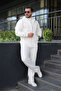 Men's White 3 Thread Ş Fleece-Lined Baggy Tracksuit Set - O Oversized Zippered K Hooded Winter Premium Set - 2