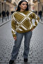 Women's Khaki Geometric Patterned Crew Neck Winter Knitwear - 5