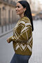 Women's Khaki Geometric Patterned Crew Neck Winter Knitwear - 4