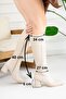 Daily Women's Beige Oval Toe High Thick Heel Serrated Sole Zippered Below the Knee Comfortable Boots 3001 - 5
