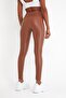 Women's Tan Color Raised High Waist Leather Leggings - 4