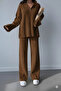 Women's Baggy Style Corded Fabric Collar Zippered Leg Slit Side Zippered Knitwear Set Coffee Tone