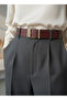 Burgundy Stitched Leather Belt with Gold Buckle